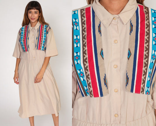 90s Southwestern Tan Midi Dress Button-Up High Waisted Pockets Large L