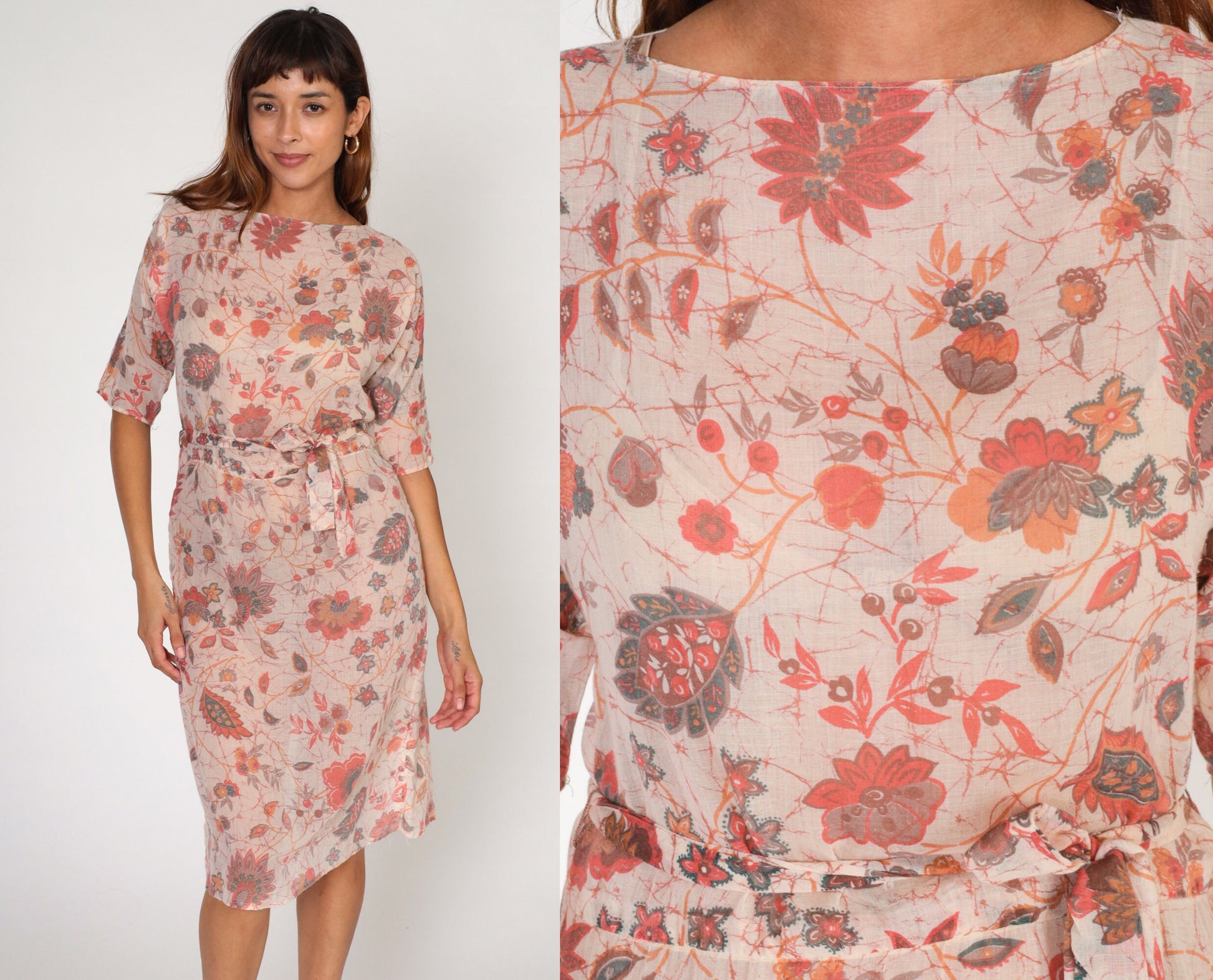 70s Pink Floral Midi Dress High Waisted Cotton Keyhole Back Small