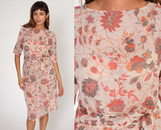 70s Pink Floral Midi Dress High Waisted Cotton Keyhole Back Small