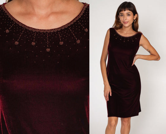 90s Burgundy Velvet Mini Dress Beaded Neckline Sleeveless Sheath Small S