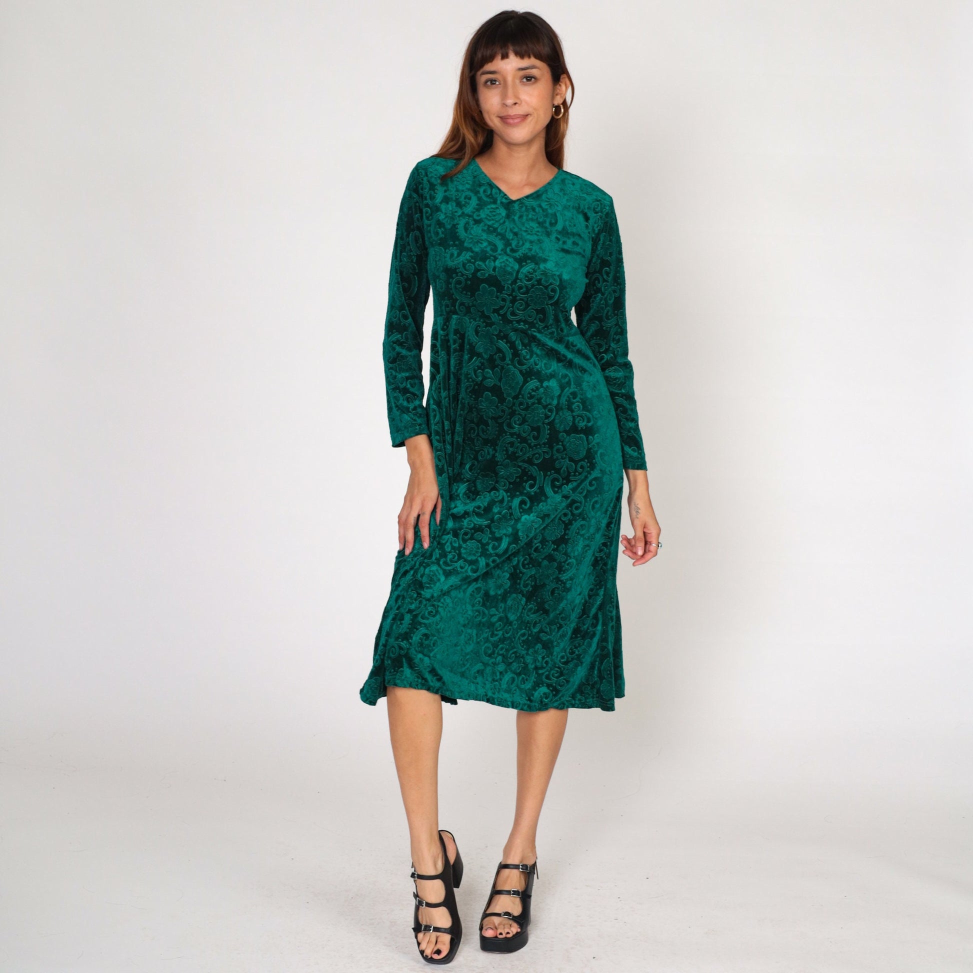 90s Green Floral Velvet Mini Dress Empire Waist Long Sleeve Medium Large