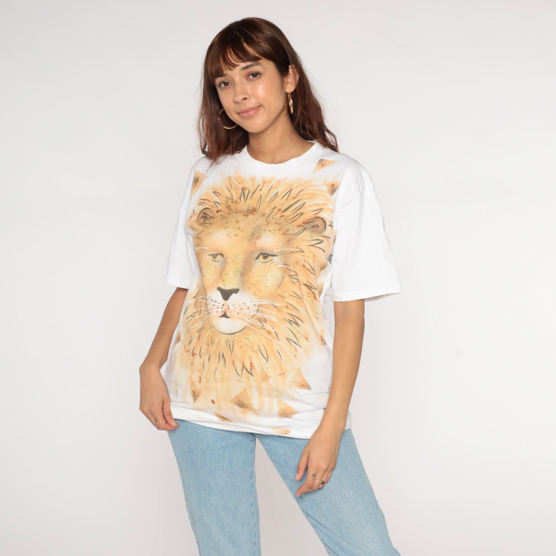 90s Oneita Lion T-Shirt White Gold Glitter Graphic Tee Medium