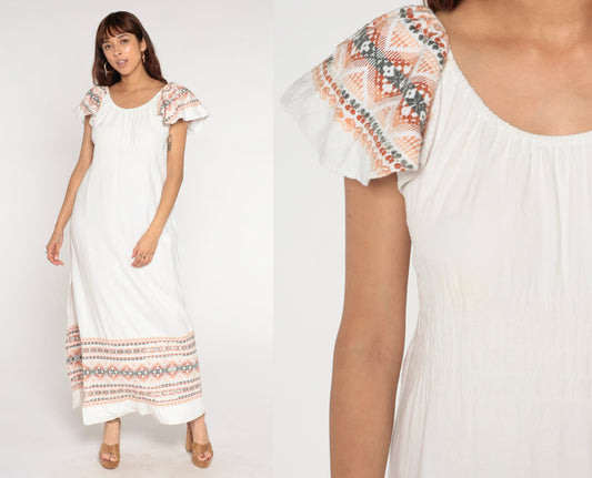 90s White Cotton Maxi Dress Aztec Embroidery Off-Shoulder Flutter Sleeve Medium