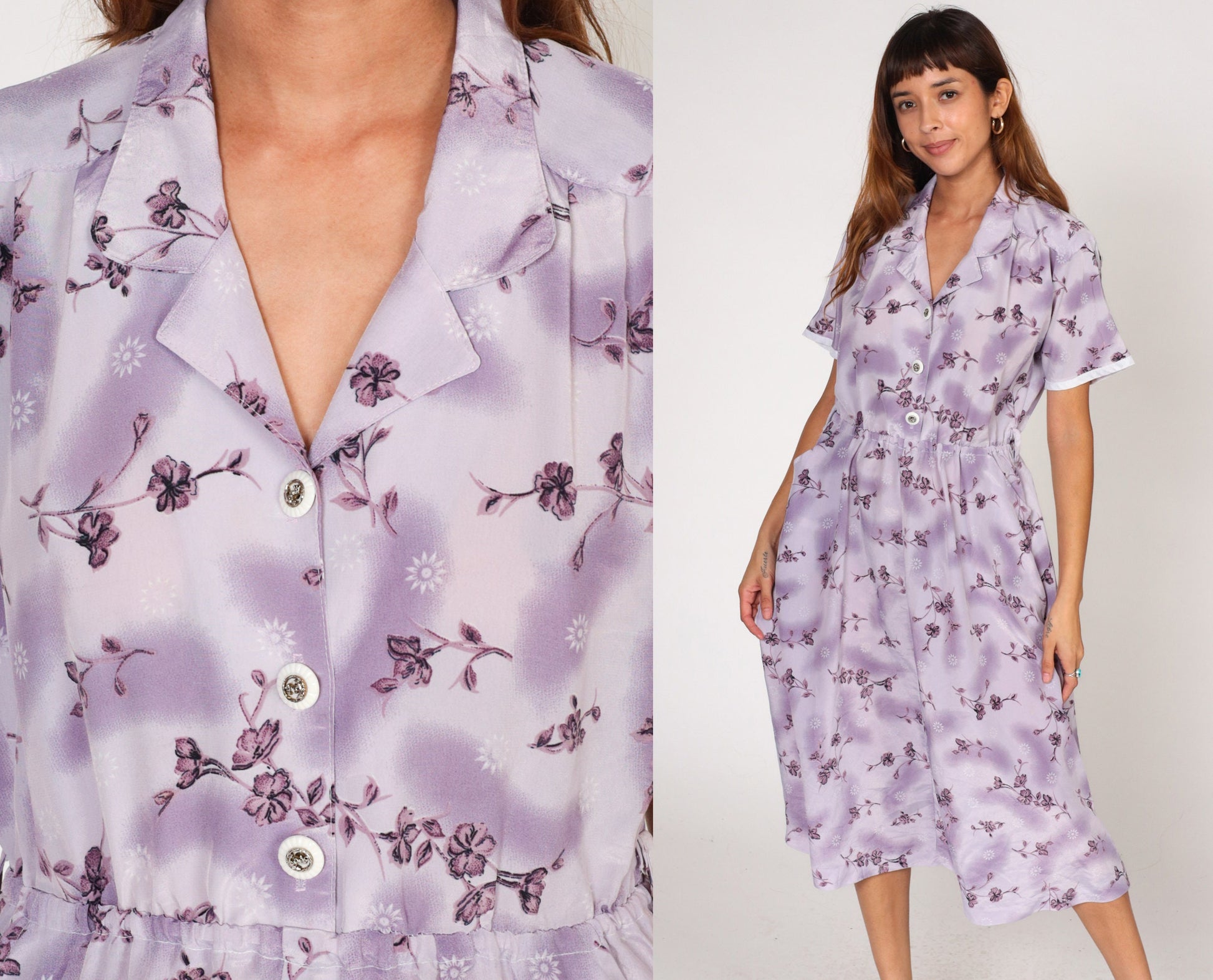 80s Purple Floral Midi Shirtdress High Waist Button Front Short Sleeve Medium Large