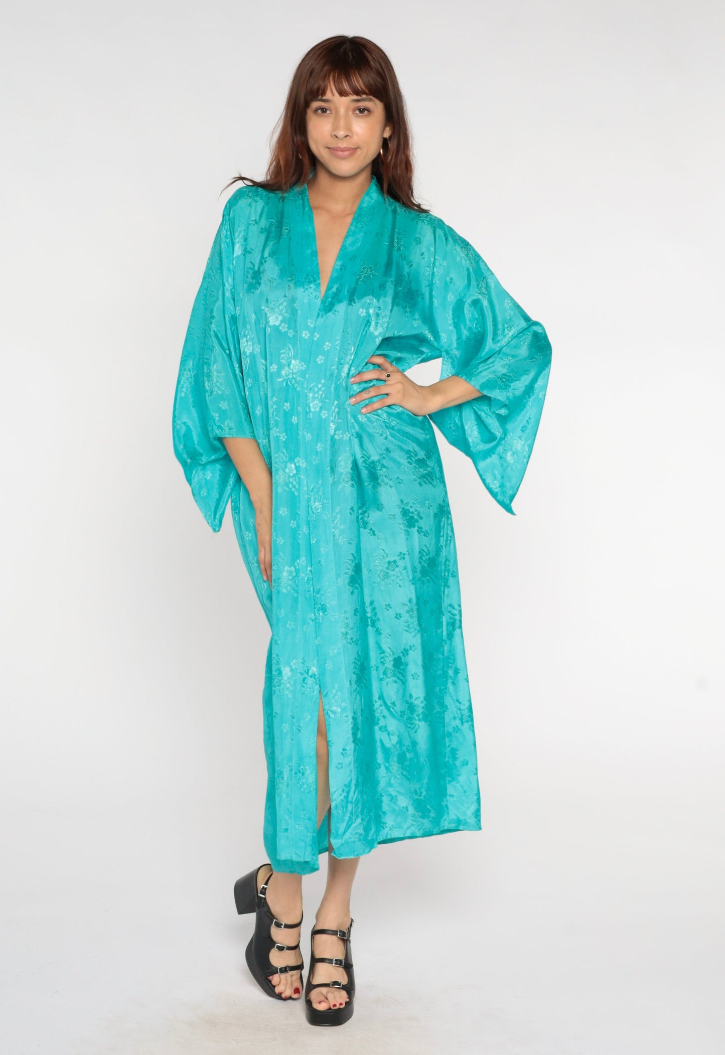 80s Dragon Embroidered Kimono Robe Turquoise Floral Maxi Small
