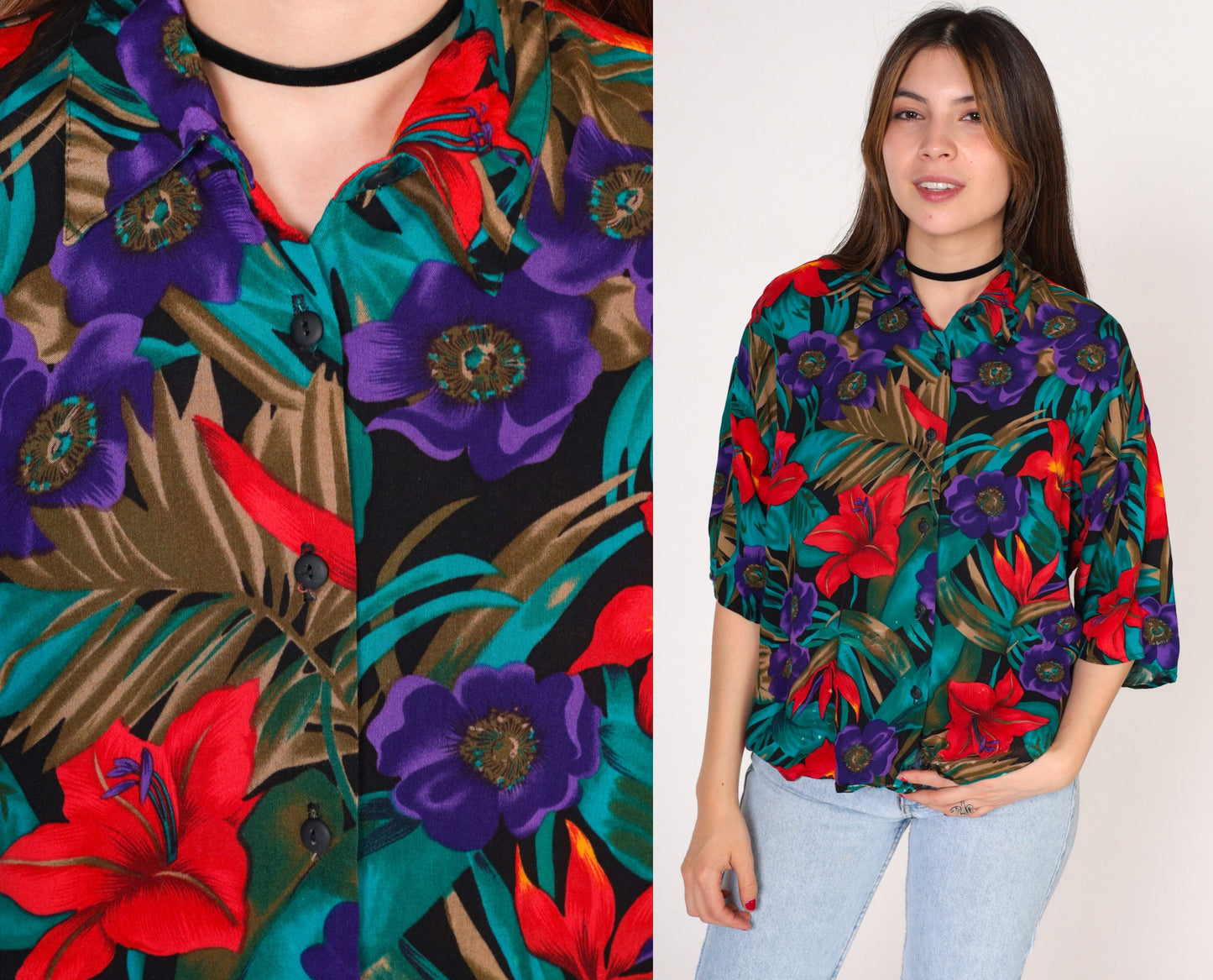 90s Avanti Tropical Floral Hibiscus Button-Up Shirt Purple Red Blue Large L