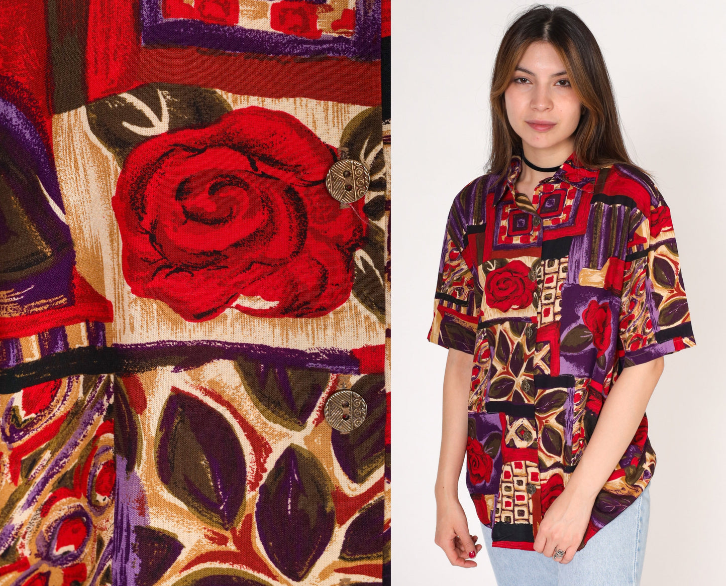 90s Jessica Scott Floral Button-Up Blouse Short Sleeve Rose Print Red Purple Medium