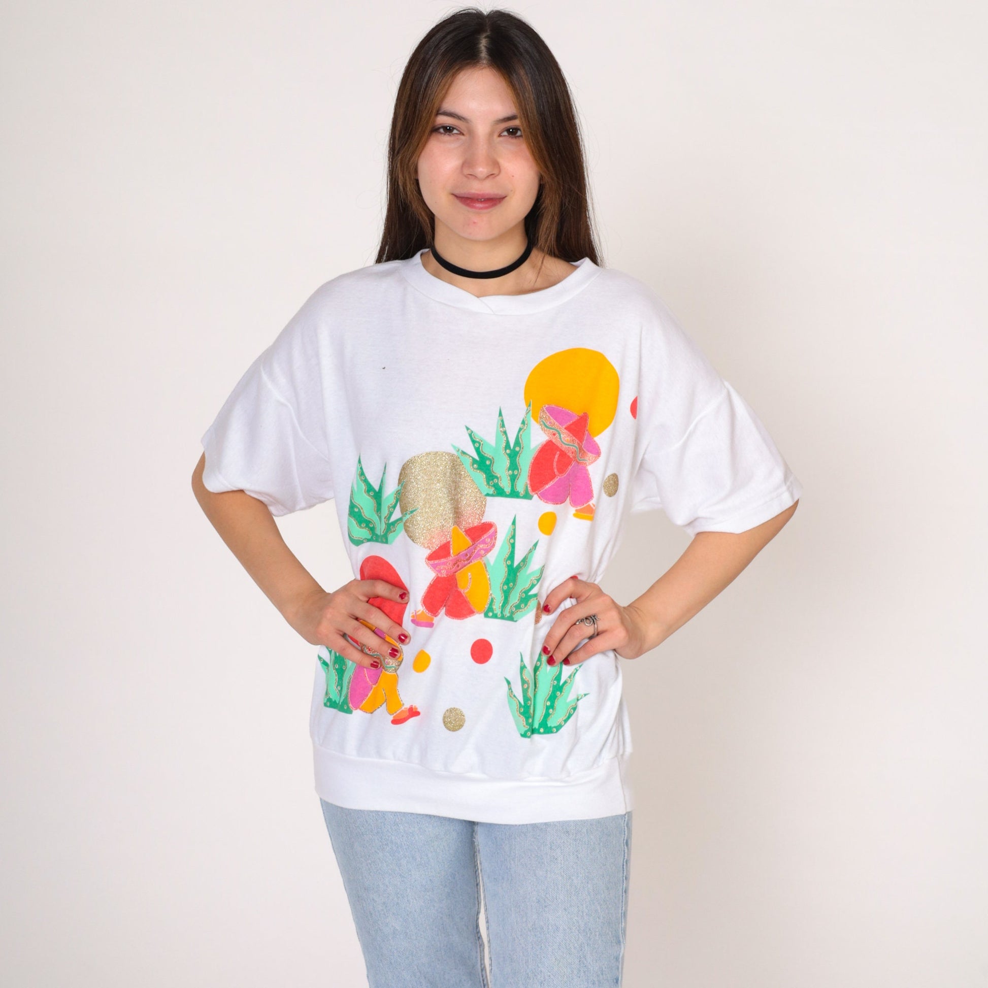 90s Jane Colby Art T-Shirt Sombrero Siesta Graphic White Cotton Large L