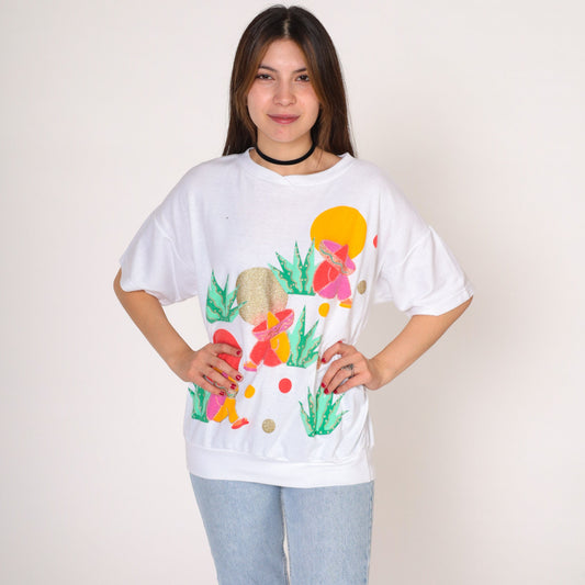 90s Jane Colby Art T-Shirt Sombrero Siesta Graphic White Cotton Large L