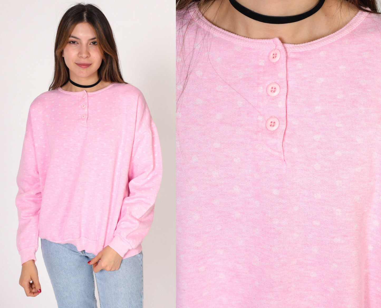 90s Polka Dot Henley Sweatshirt Pink White Quarter Button Long Sleeve Large L