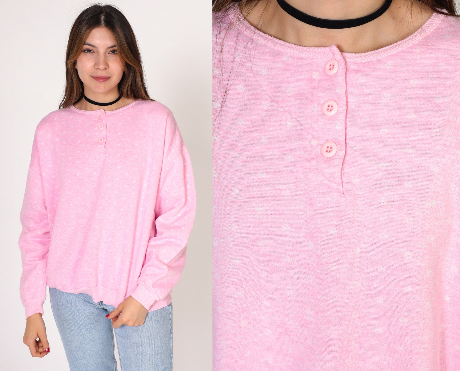 90s Polka Dot Henley Sweatshirt Pink White Quarter Button Long Sleeve Large L