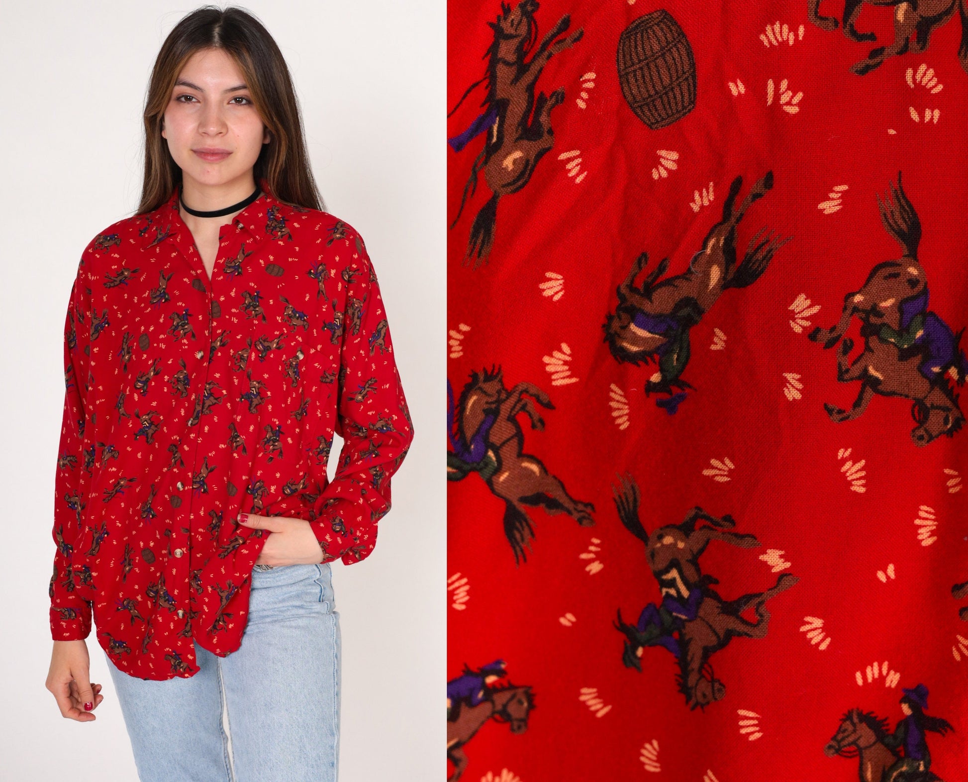90s Ilio Rodeo Blouse Red Barrel Racing Bucking Bronco Print Button Up Medium M