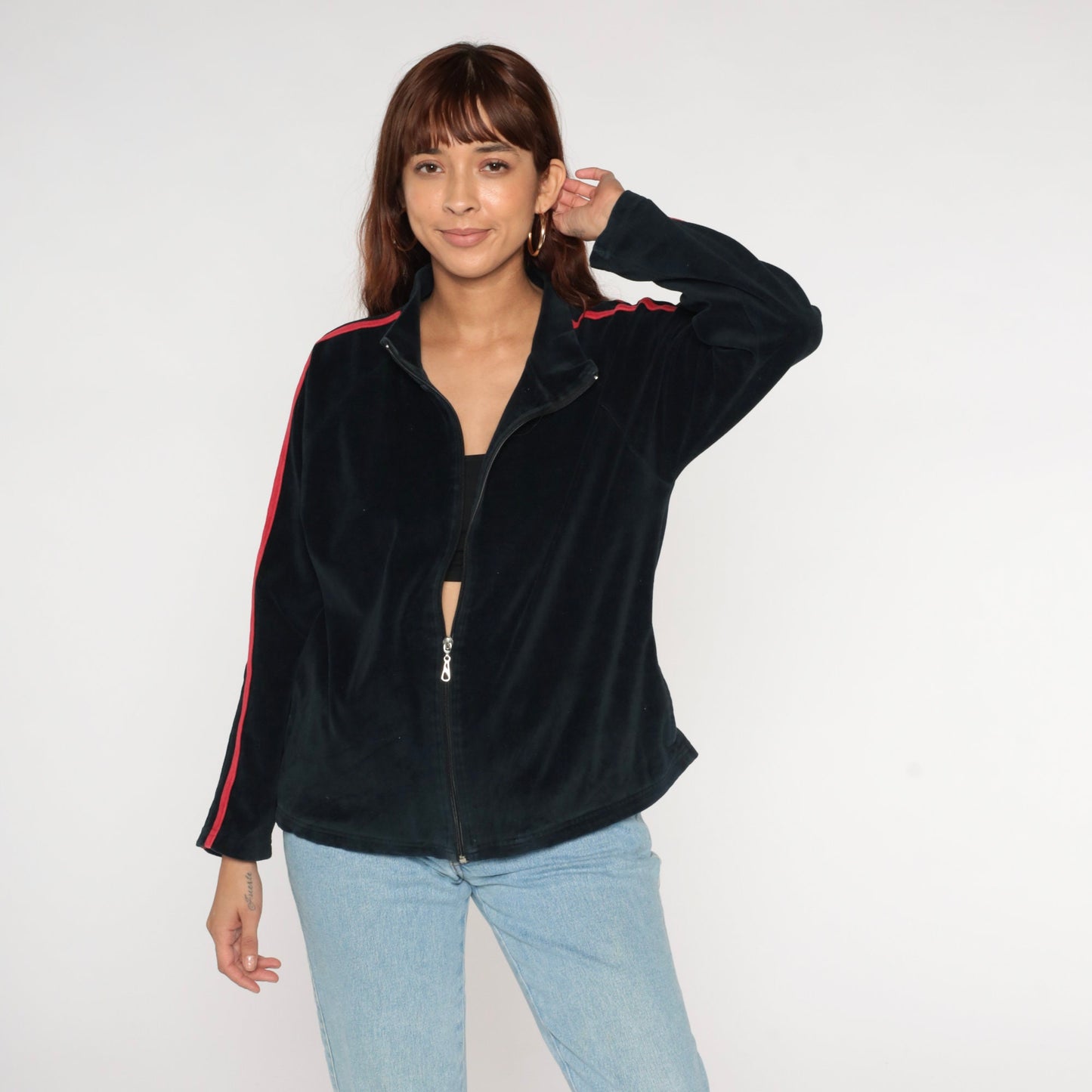 Y2K Black Velour Track Jacket Red Stripes Zip Up Medium
