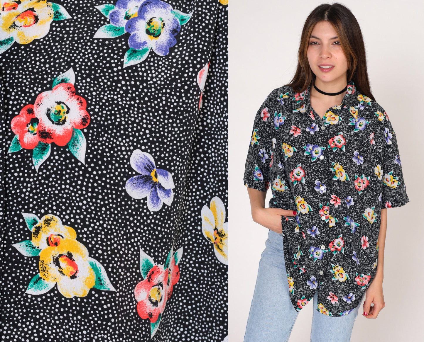 90s The Villager Polka Dot Floral Button-Up Blouse Black Short Sleeve Small