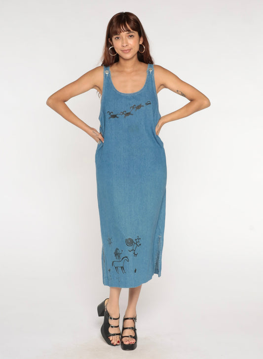 90s Boston Classics Denim Midi Dress Petroglyph Print Blue Large L