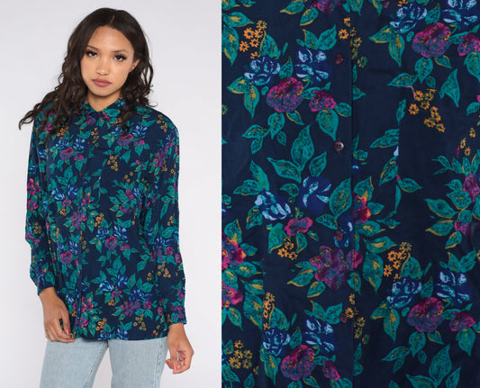 90s Floral Rayon Blouse Navy Blue Button Up Shirt Long Sleeve Medium