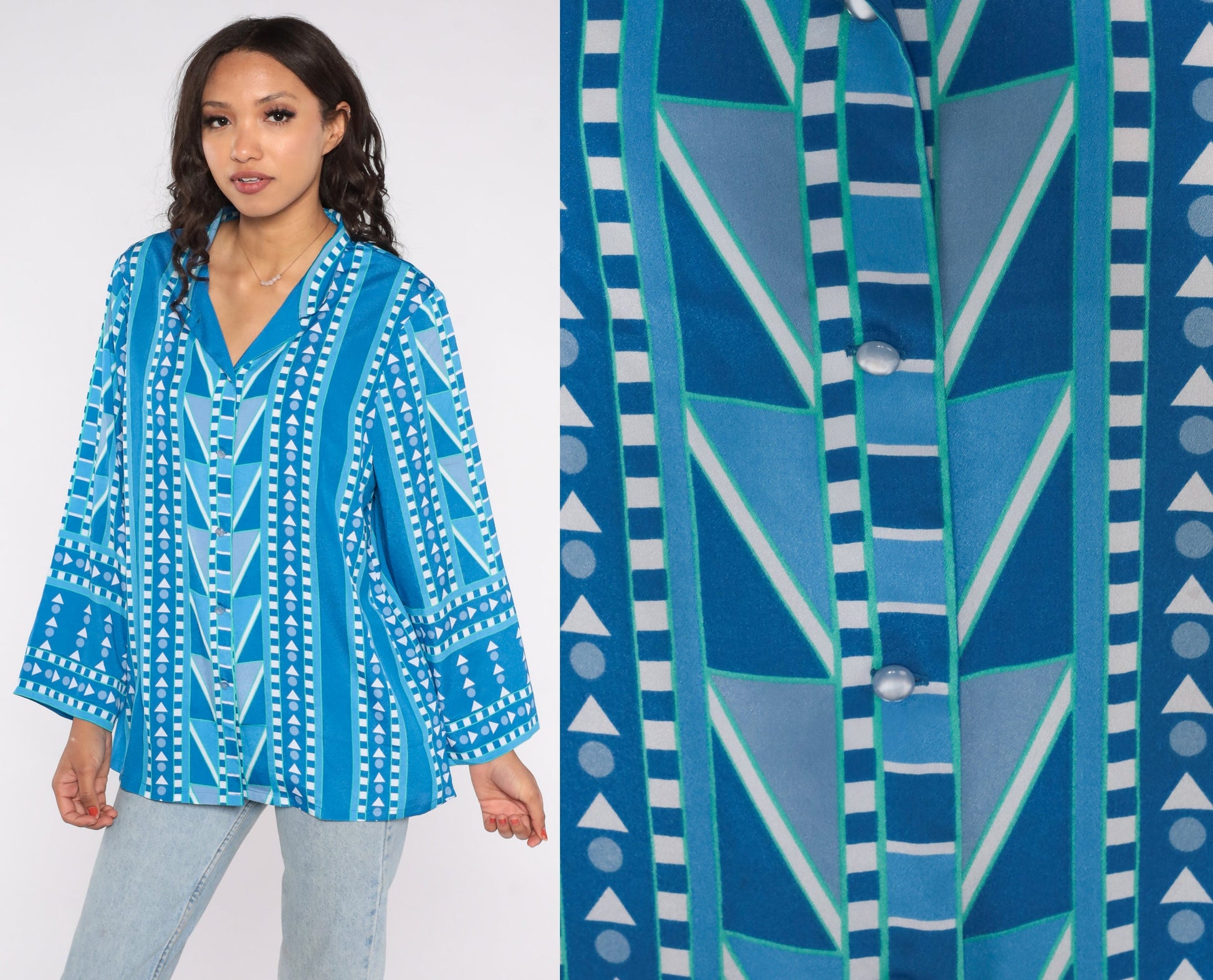 90s Bob Mackie Geometric Print Button-Up Blouse Blue Large