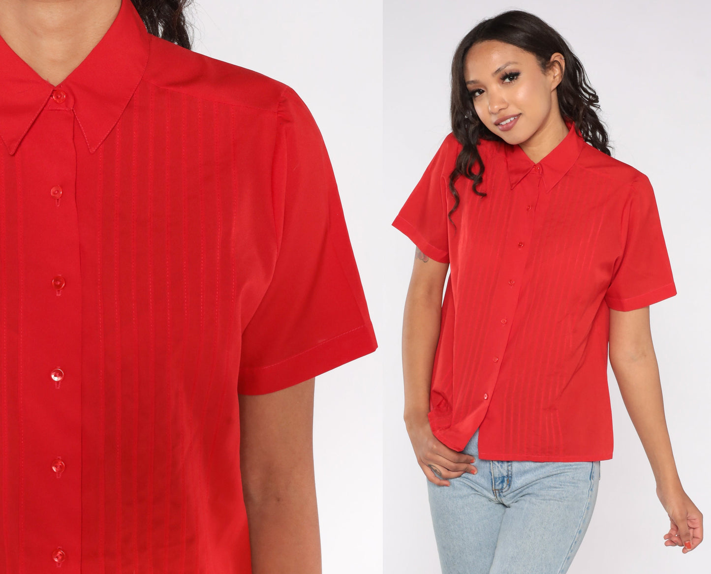 80s Judy Bond Red Button-Up Blouse Pleated Chest Short Sleeve Small S