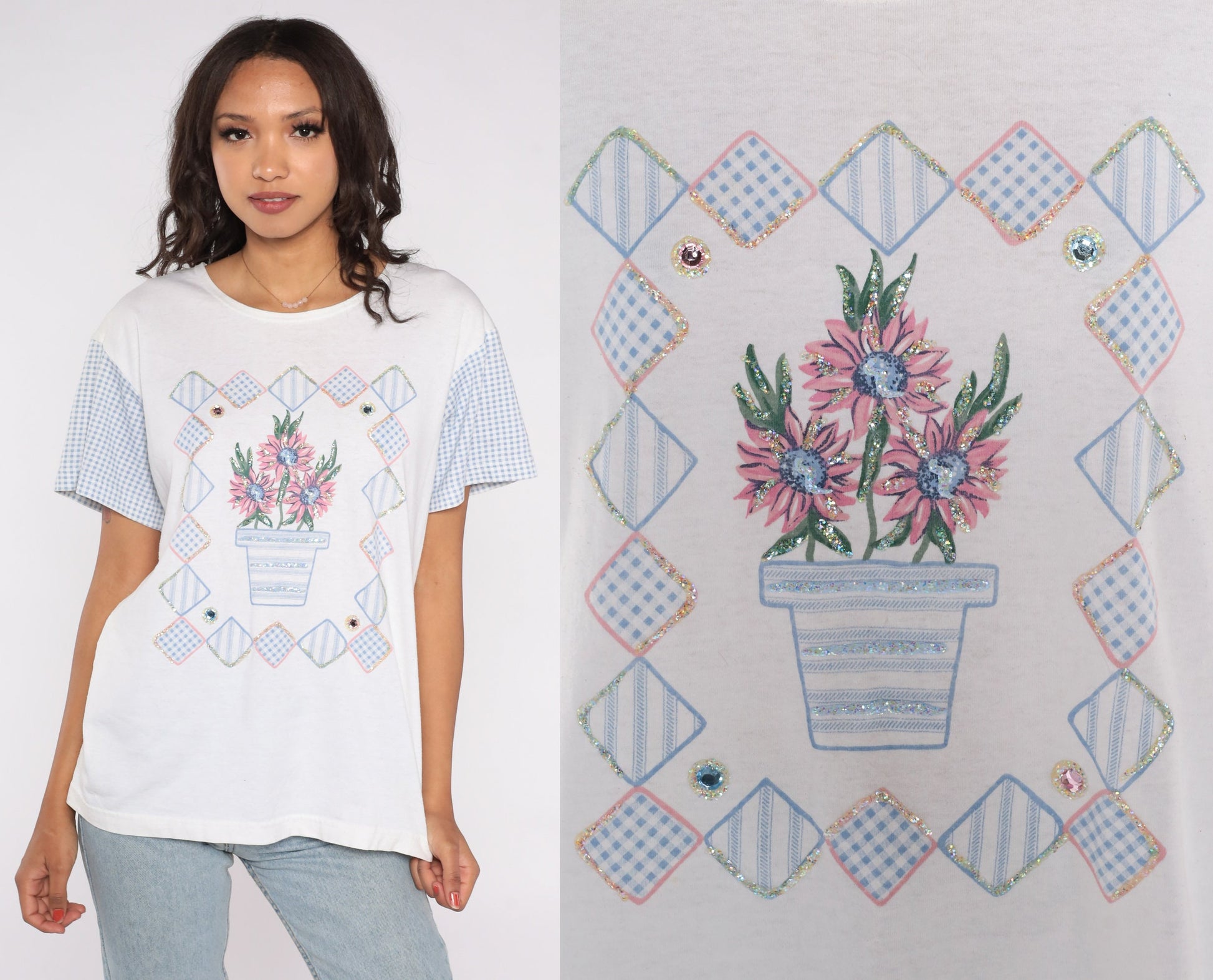 90s Floral Beaded T-Shirt White Glitter Graphic Tee Rhinestone Medium