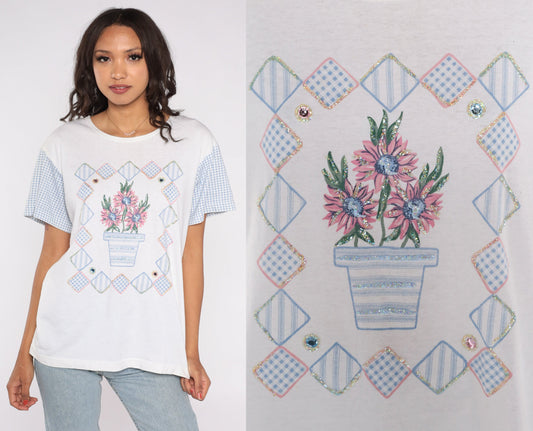 90s Floral Beaded T-Shirt White Glitter Graphic Tee Rhinestone Medium