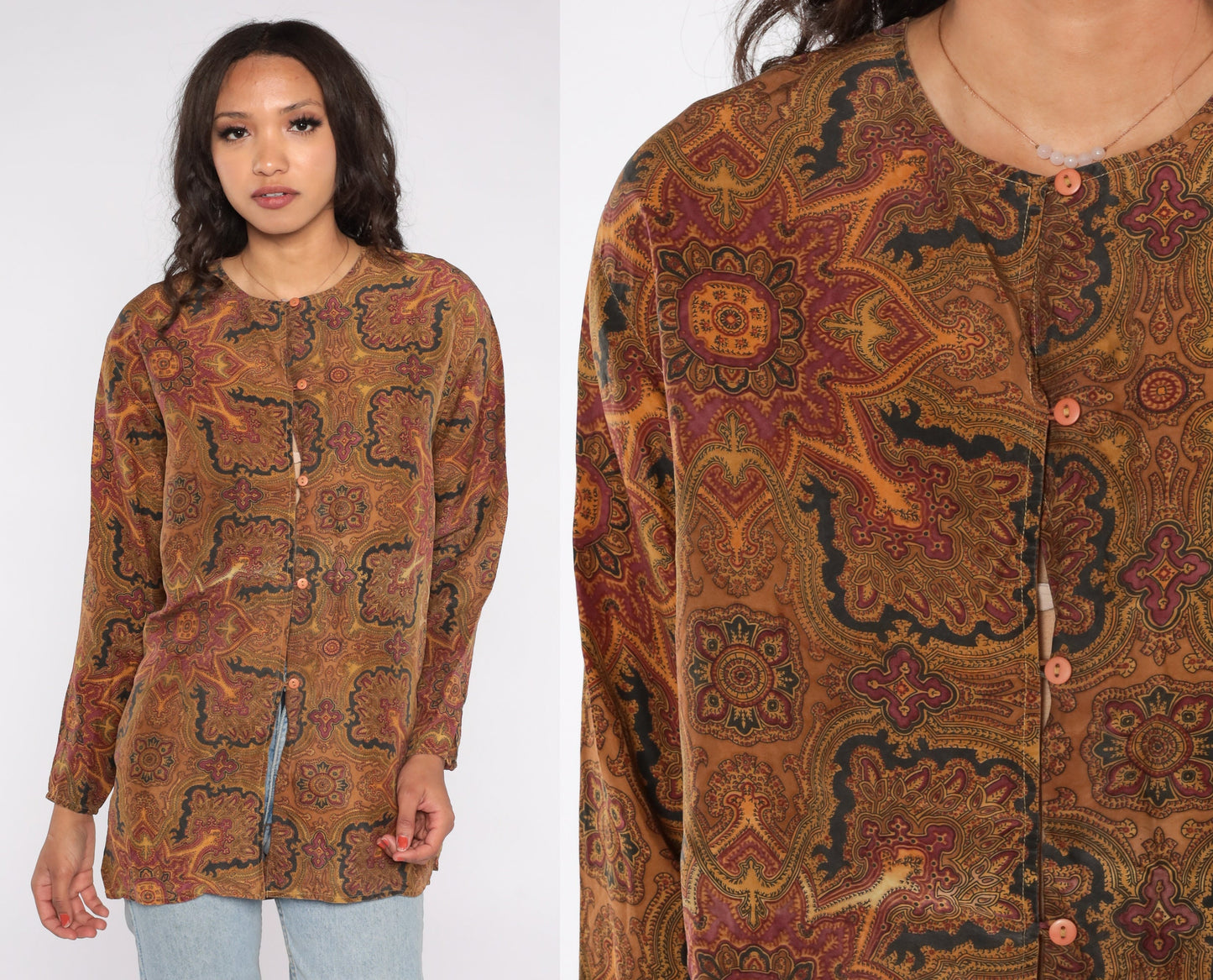 90s Geometric Print Button-Up Blouse Brown Yellow Long Sleeve Large L