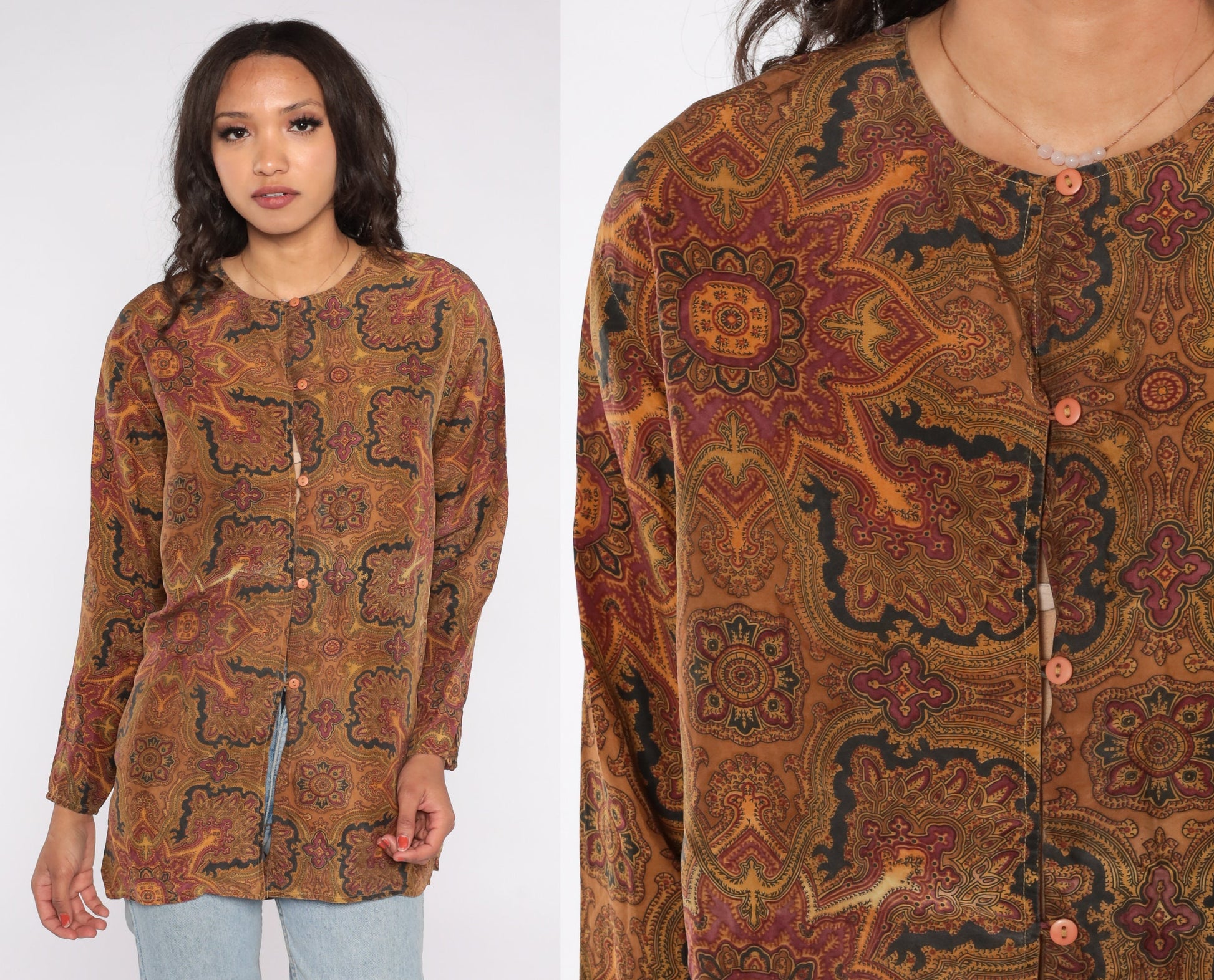 90s Geometric Print Button-Up Blouse Brown Yellow Long Sleeve Large L
