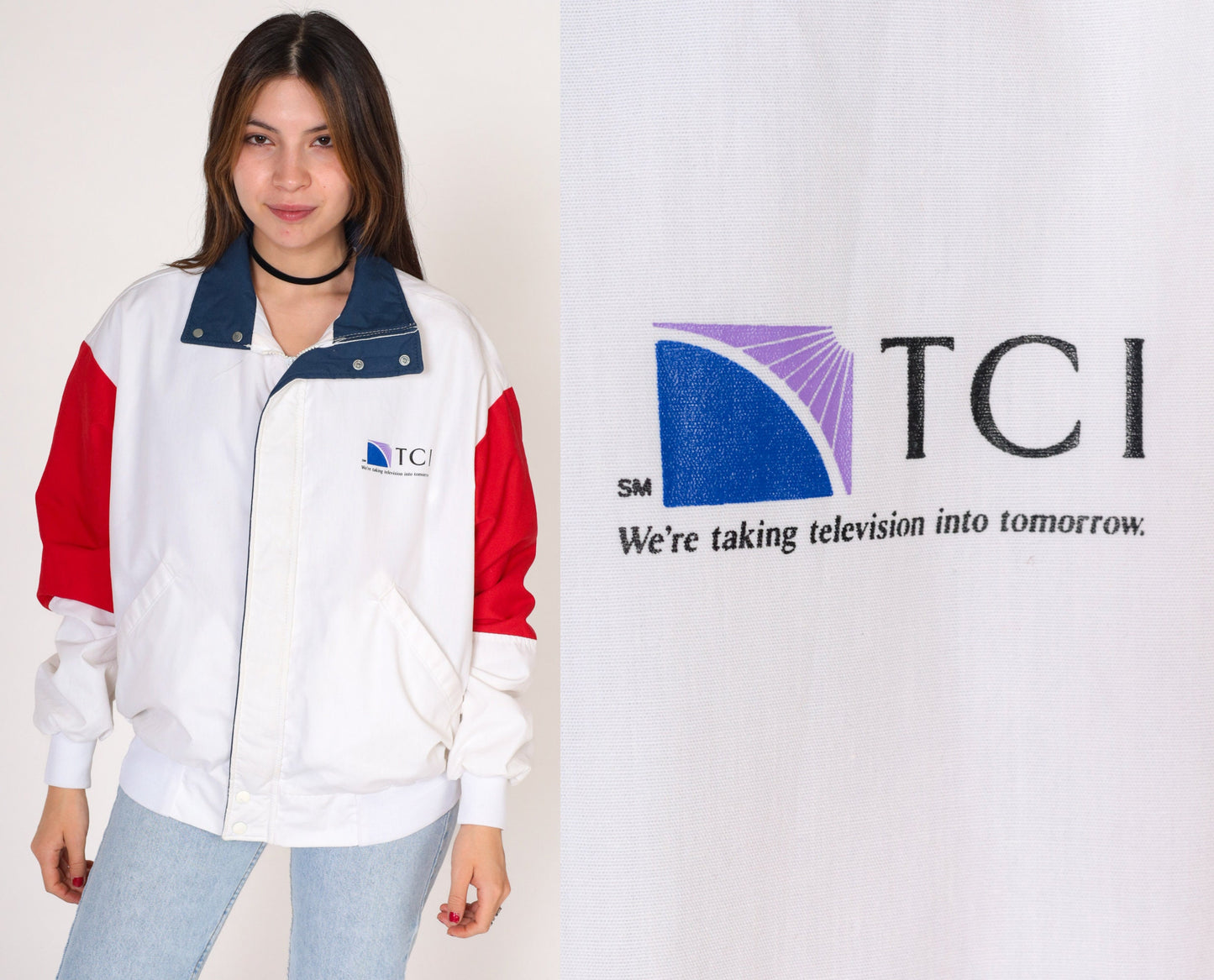 80s TCI Cable Television Windbreaker Jacket White Red Blue Medium