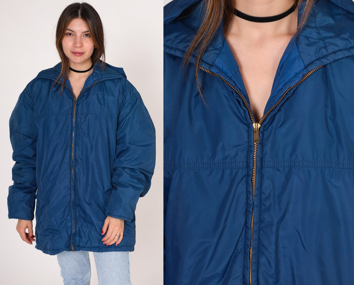 80s Tempco Blue Down Puffer Ski Jacket Hooded Zip Nylon Large L