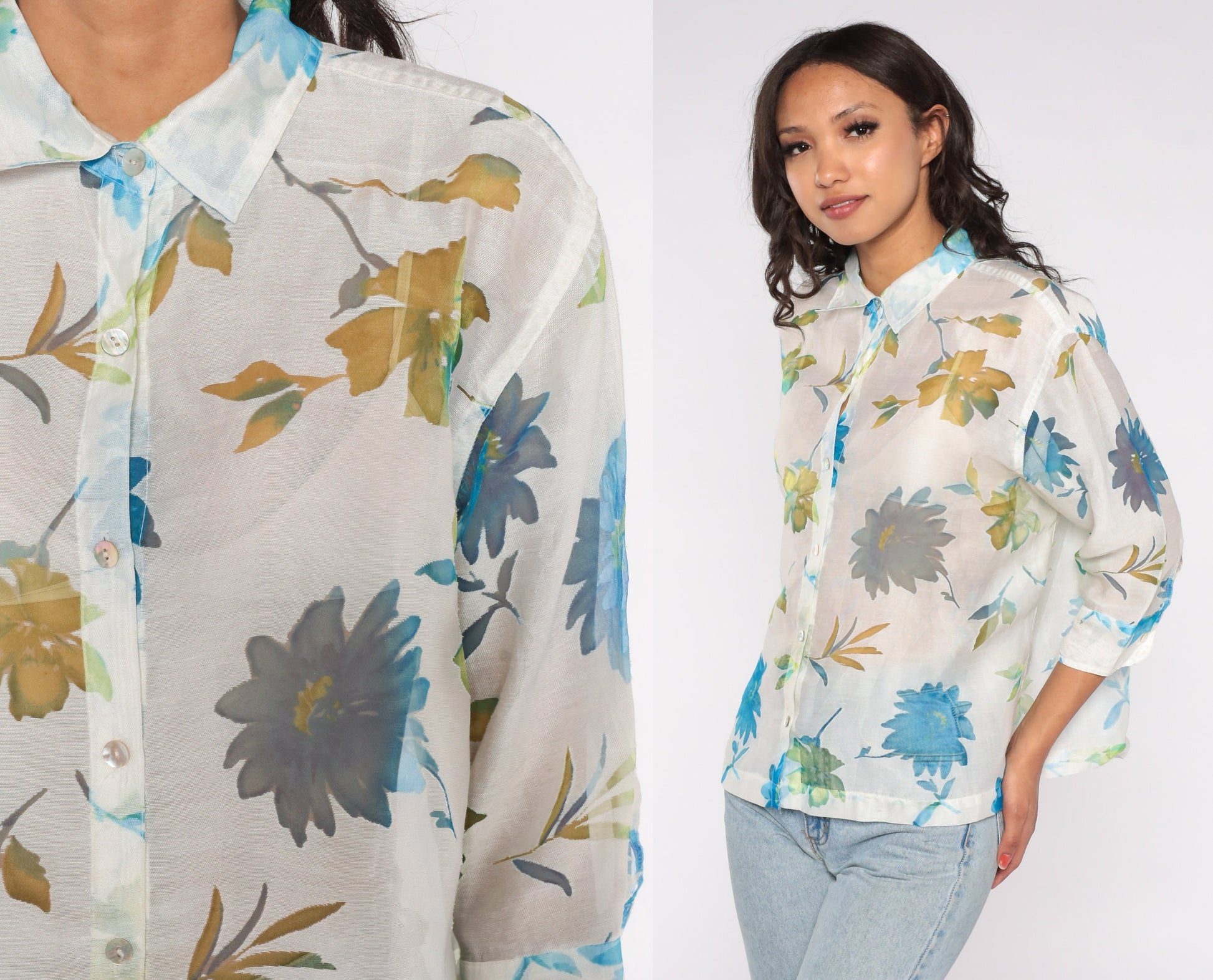 Y2K Sheer Floral White Button-Up Blouse Long Sleeve Collar Extra Large
