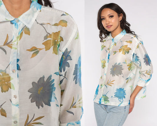 Y2K Sheer Floral White Button-Up Blouse Long Sleeve Collar Extra Large