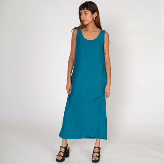90s Blue Sleeveless Maxi Dress Side Slit Shift Ankle Length Medium