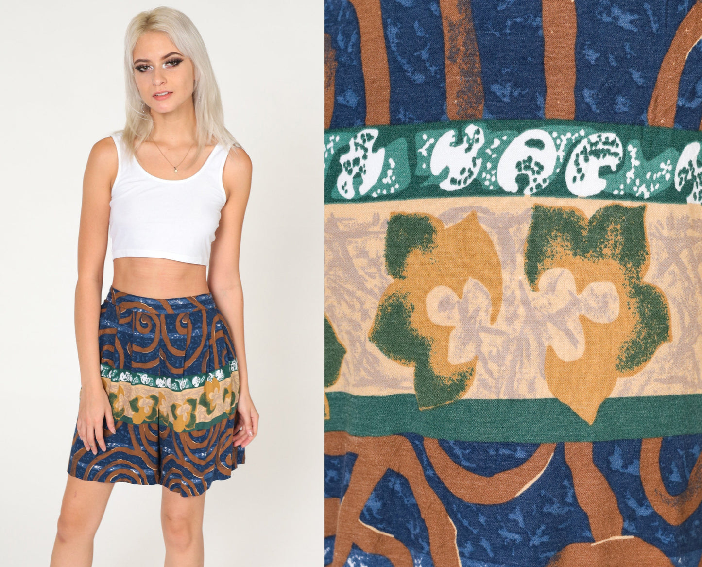 90s Rayon Floral Swirl Print Pleated Shorts High Waist Wide Leg Large 12