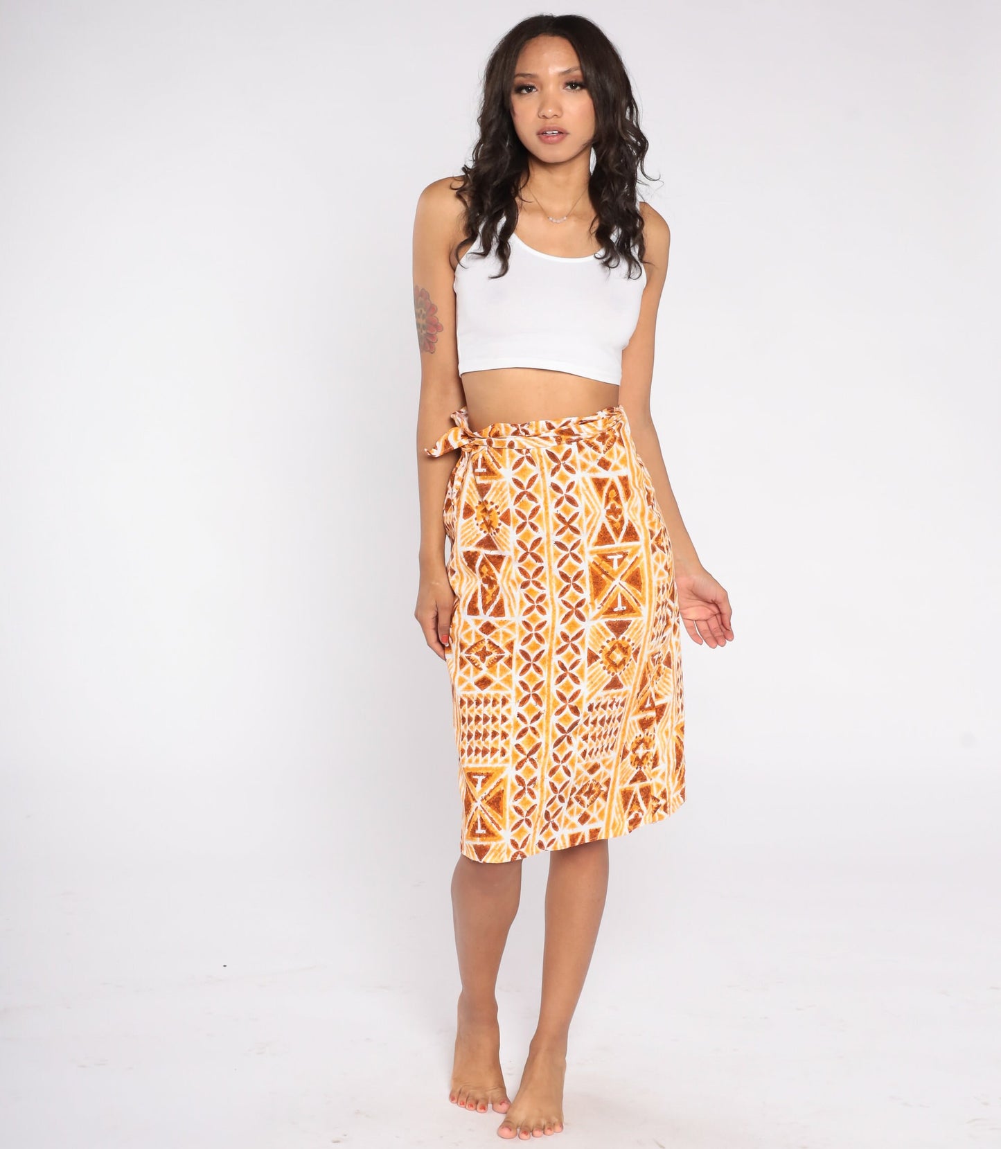 90s Geometric Stamp Print Wrap Skirt Knee Length Orange Extra Small XS