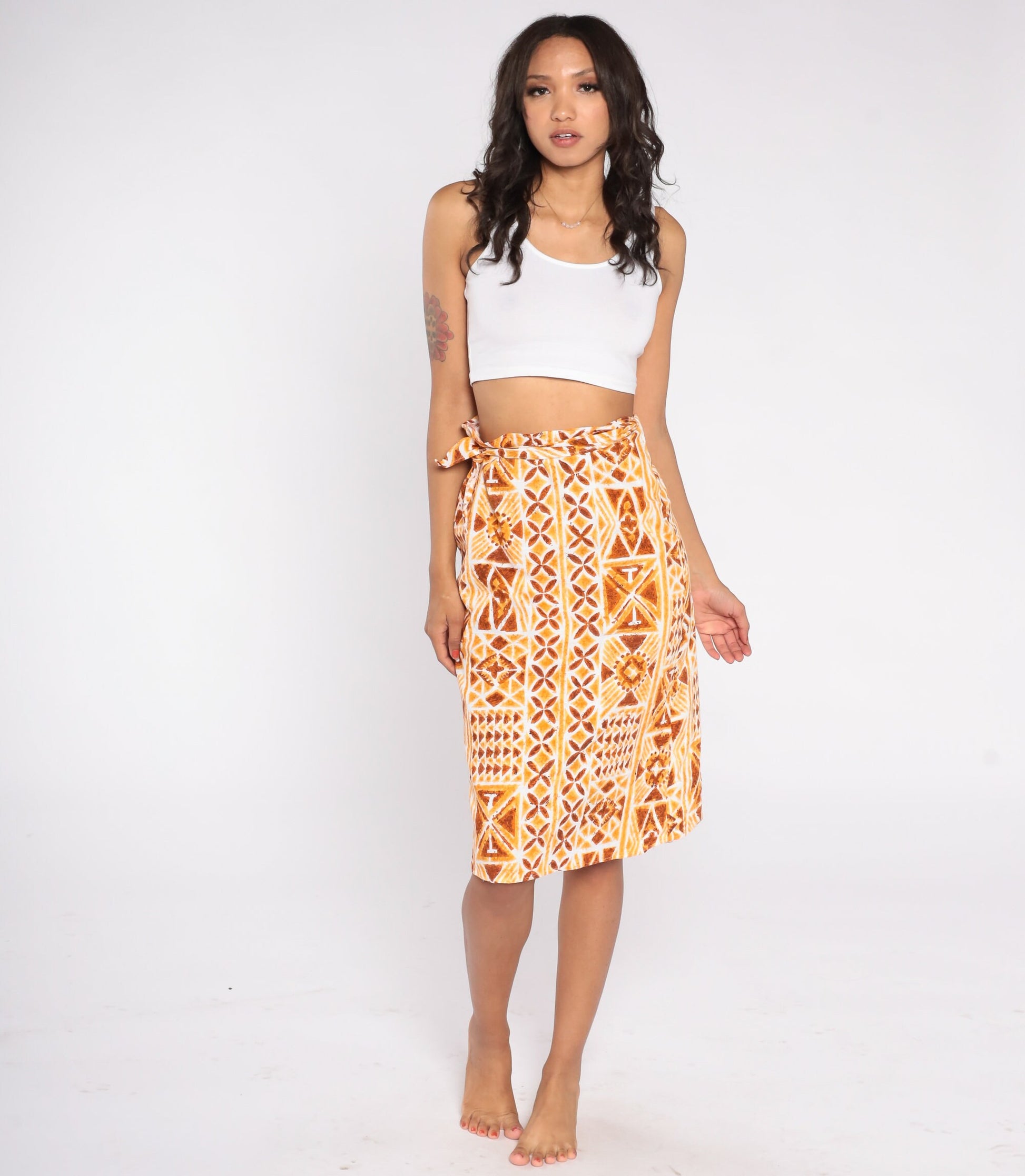 90s Geometric Stamp Print Wrap Skirt Knee Length Orange Extra Small XS
