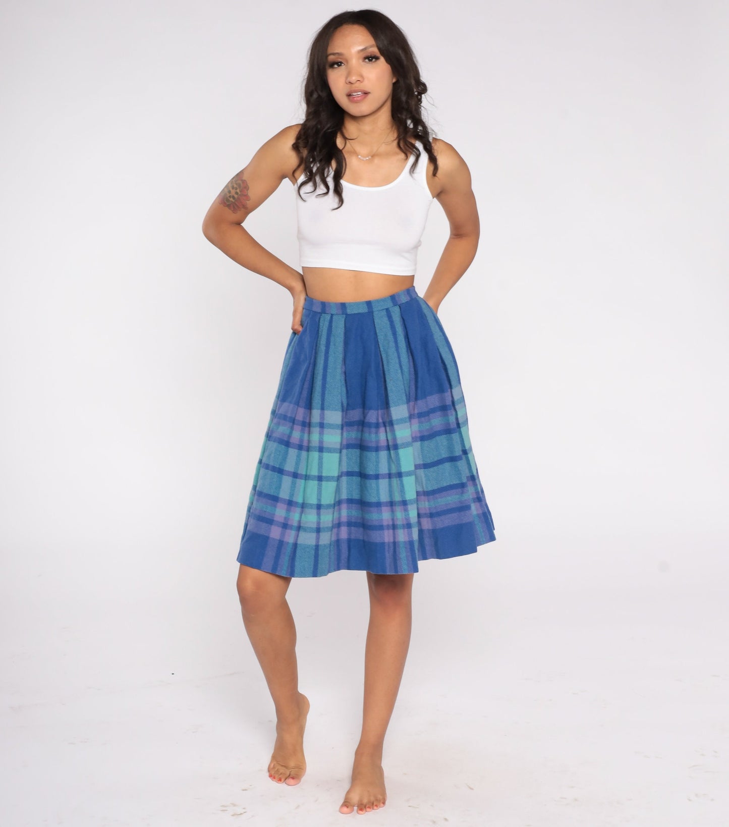 70s Blue Plaid Wool Mini Skirt High Waisted Pleated Tartan Extra Small