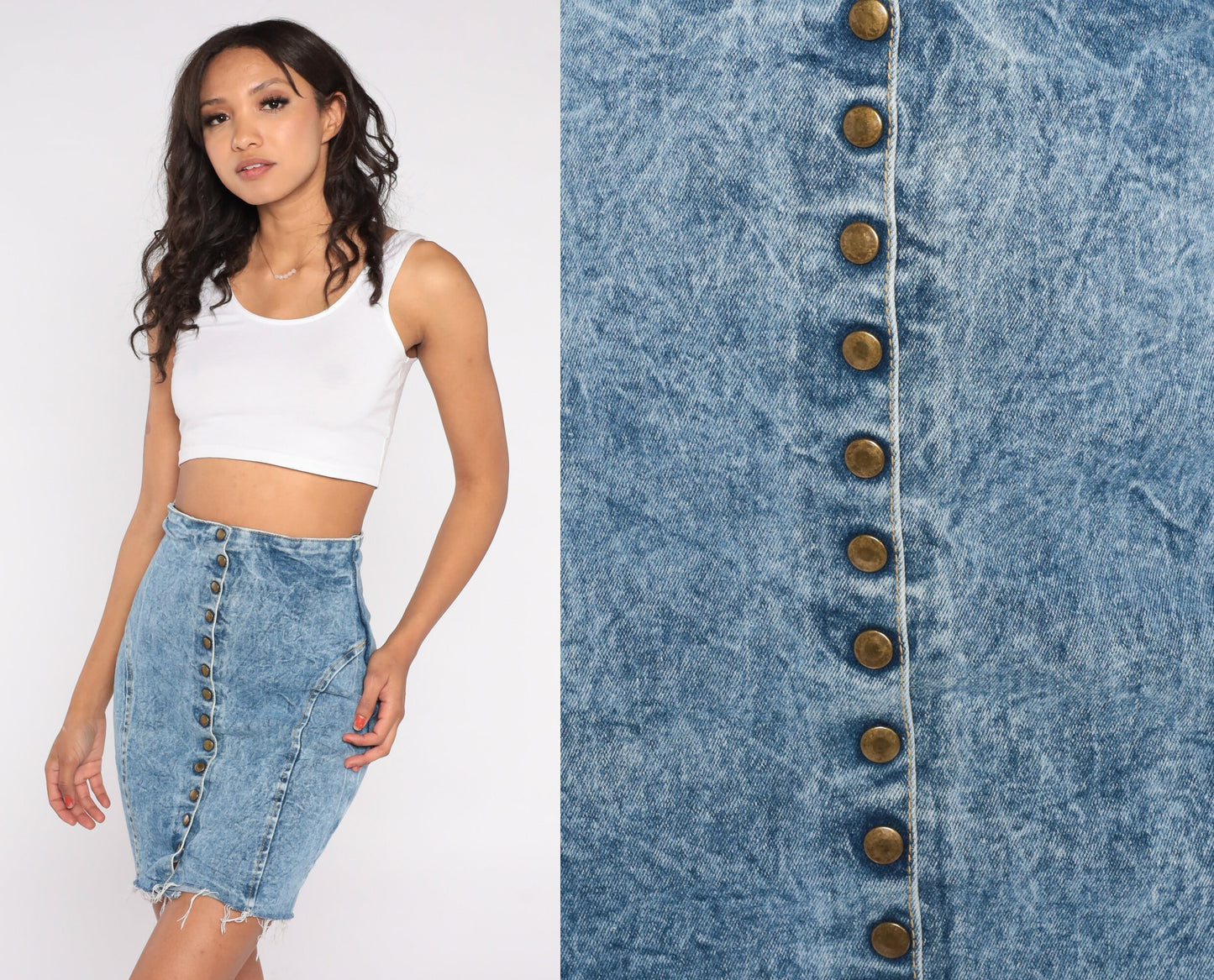 90s Pleeze Acid Wash Denim Mini Skirt High Waist Snap Front Blue Extra Small