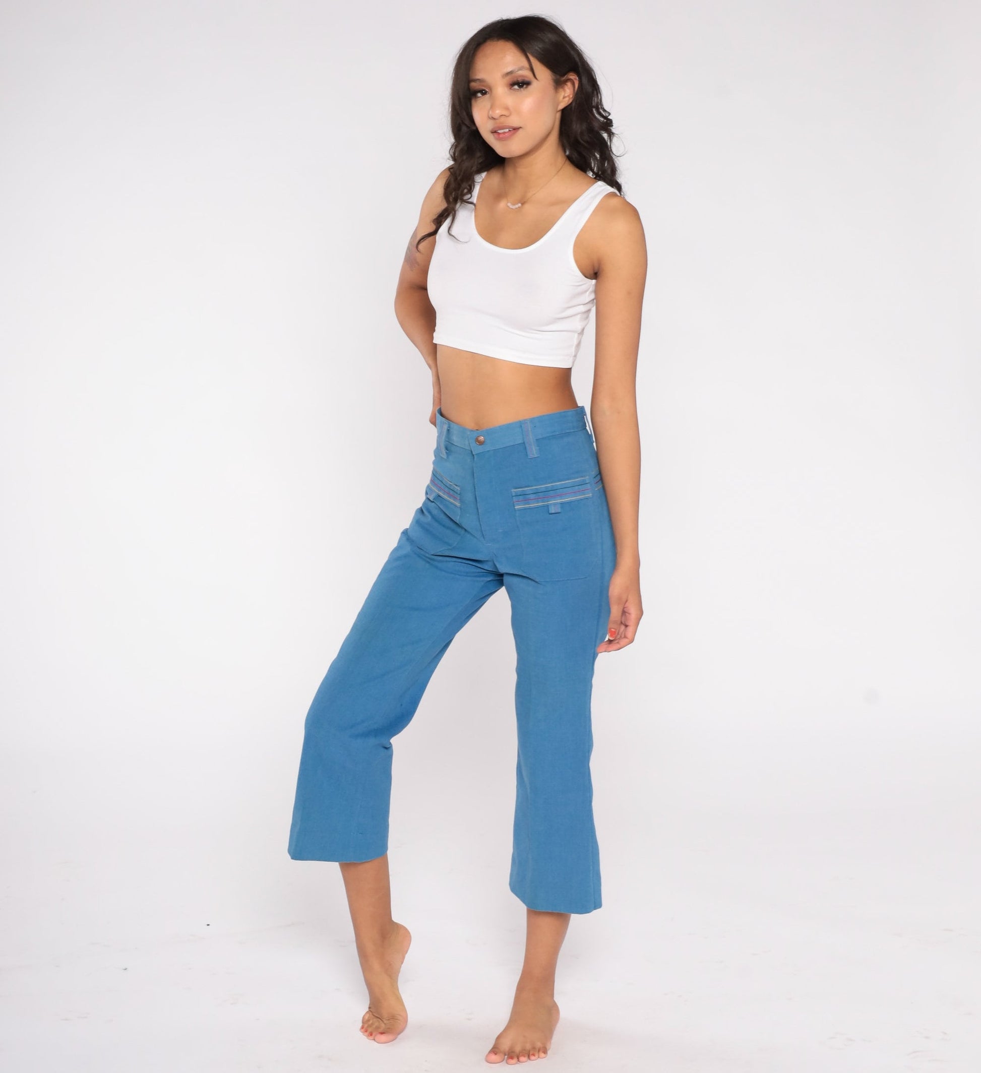 70s High Waisted Bell Bottom Jeans Cropped Flare Denim Blue Extra Small