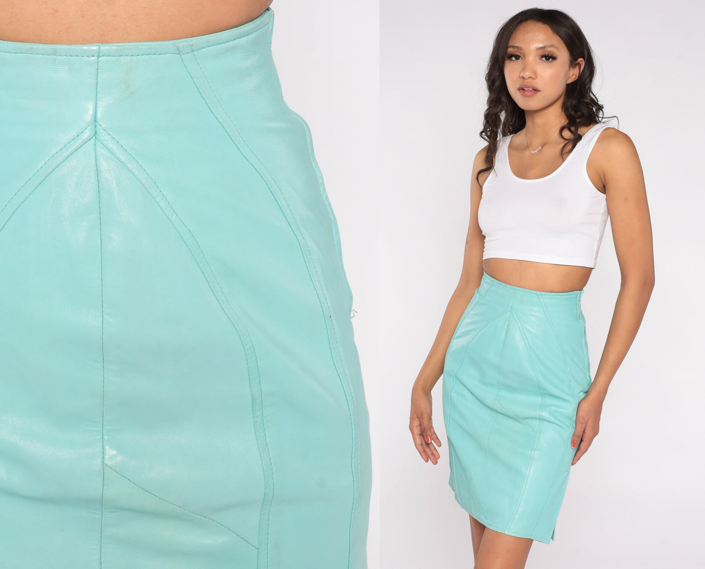 90s Aqua Leather Mini Skirt High Waist Pencil Side Slit Extra Small