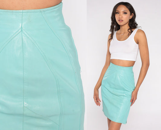 90s Aqua Leather Mini Skirt High Waist Pencil Side Slit Extra Small