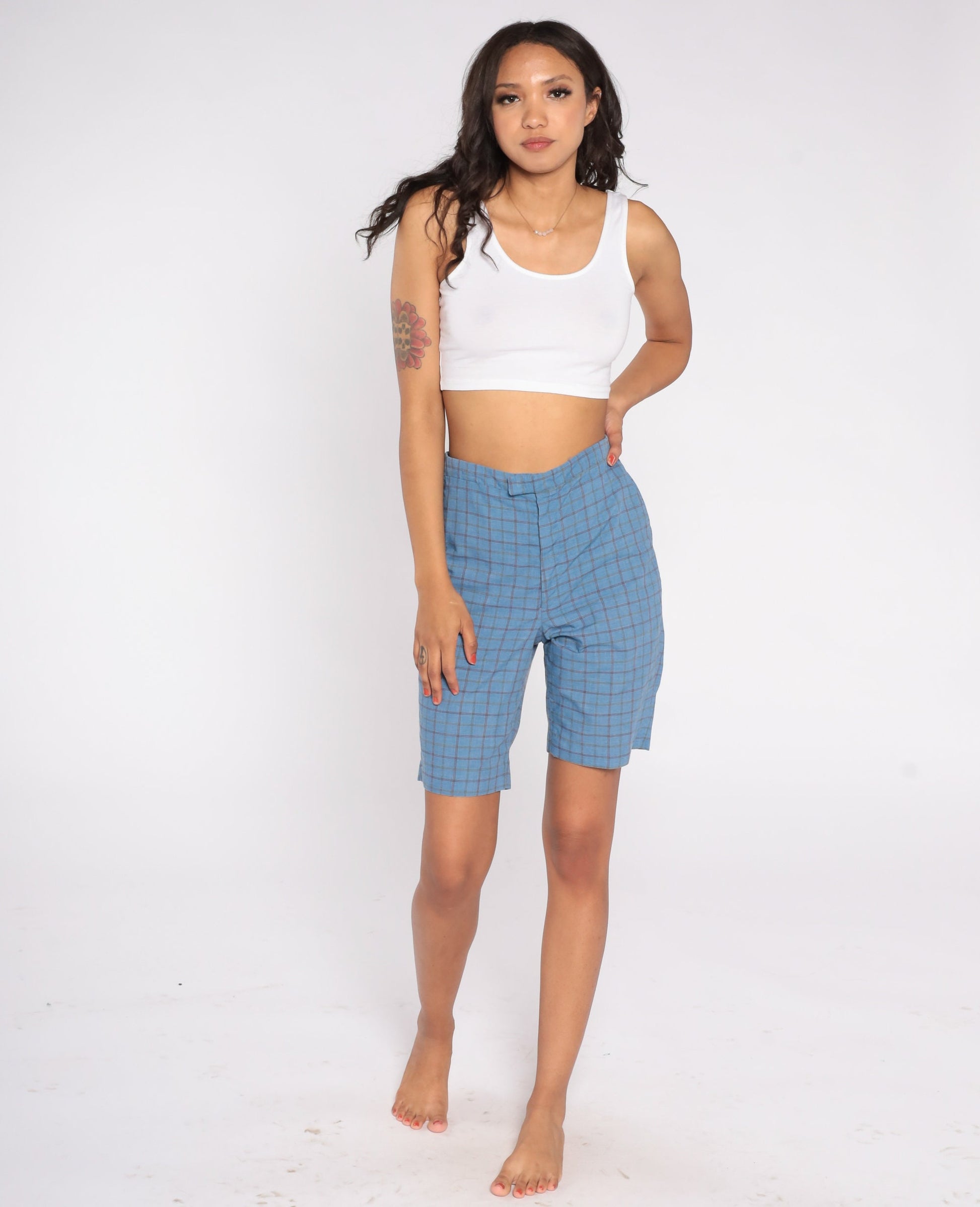 70s Blue Checkered Bermuda Shorts Knee Length Mid Rise Small