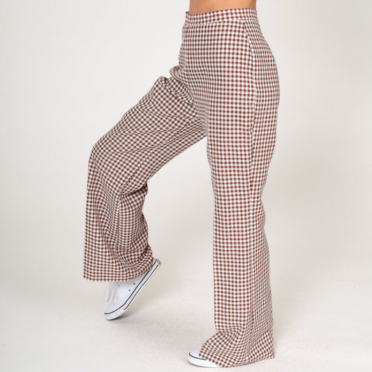 70s Gingham Bell Bottom Pants Brown White High Rise Flared Trousers Small