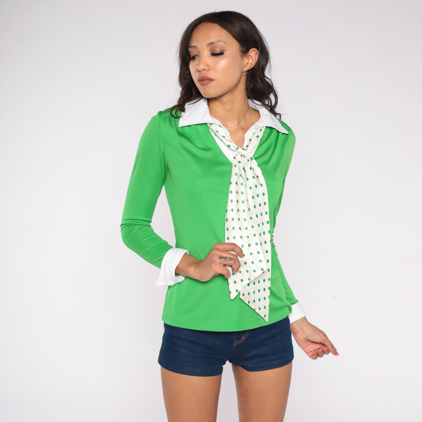60s R and K Originals Necktie Blouse Green Polka Dot Collared Small