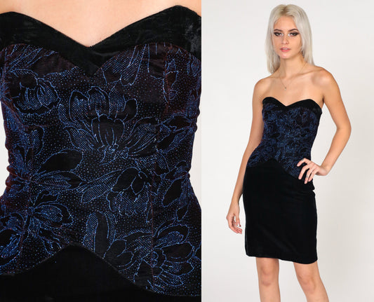 Gunne Sax Black Velvet Mini Dress Strapless Sweetheart Neckline 90s XXS