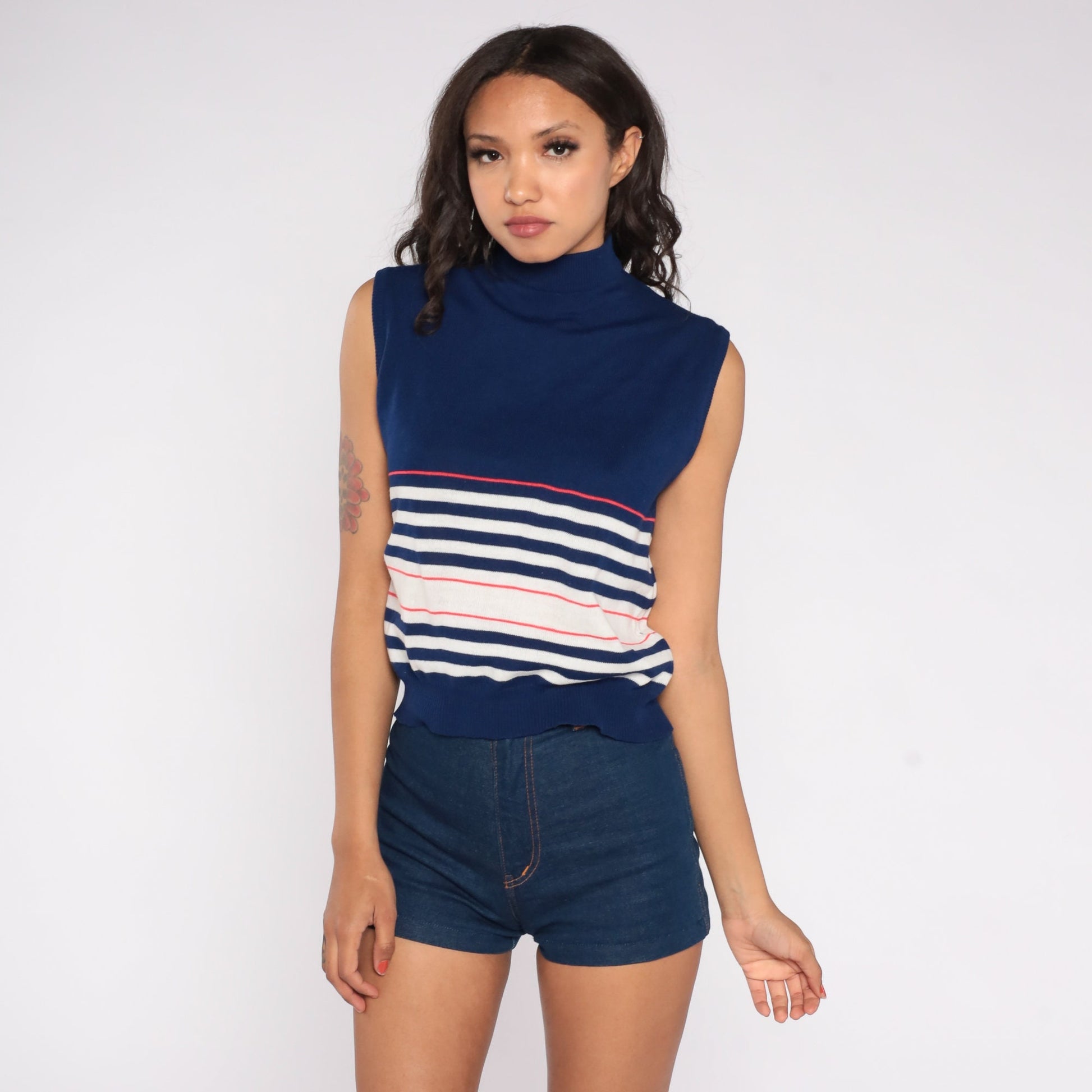 70s Blue Striped Knit Tank Top Mock Neck Sleeveless Sweater Medium