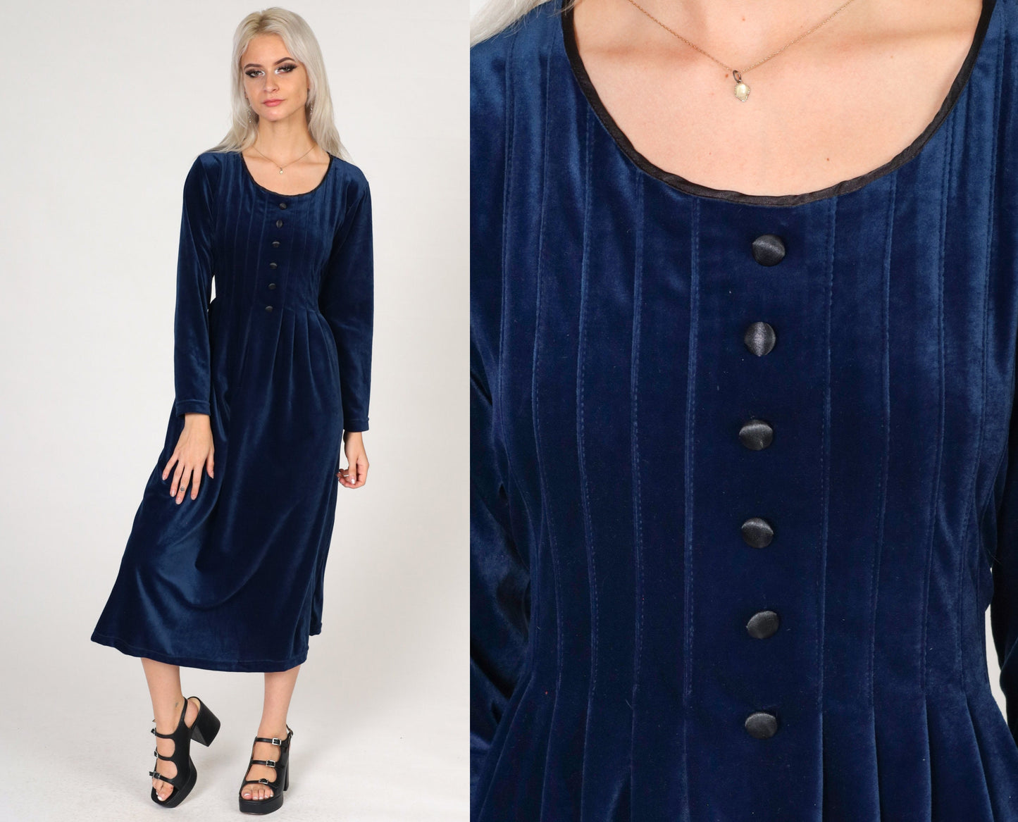 90s Blue Velvet Midi Dress Long Sleeve Button Front Shift Petite Medium