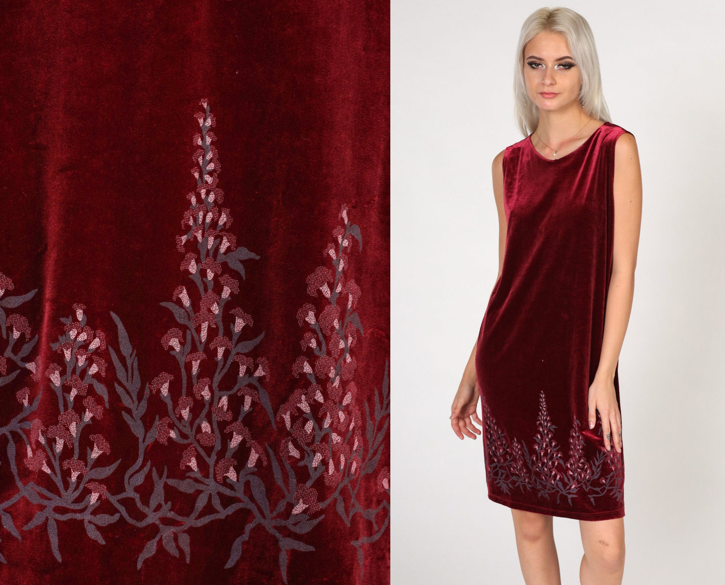 00s Red Velvet Floral Mini Dress Sleeveless Shift Small Medium