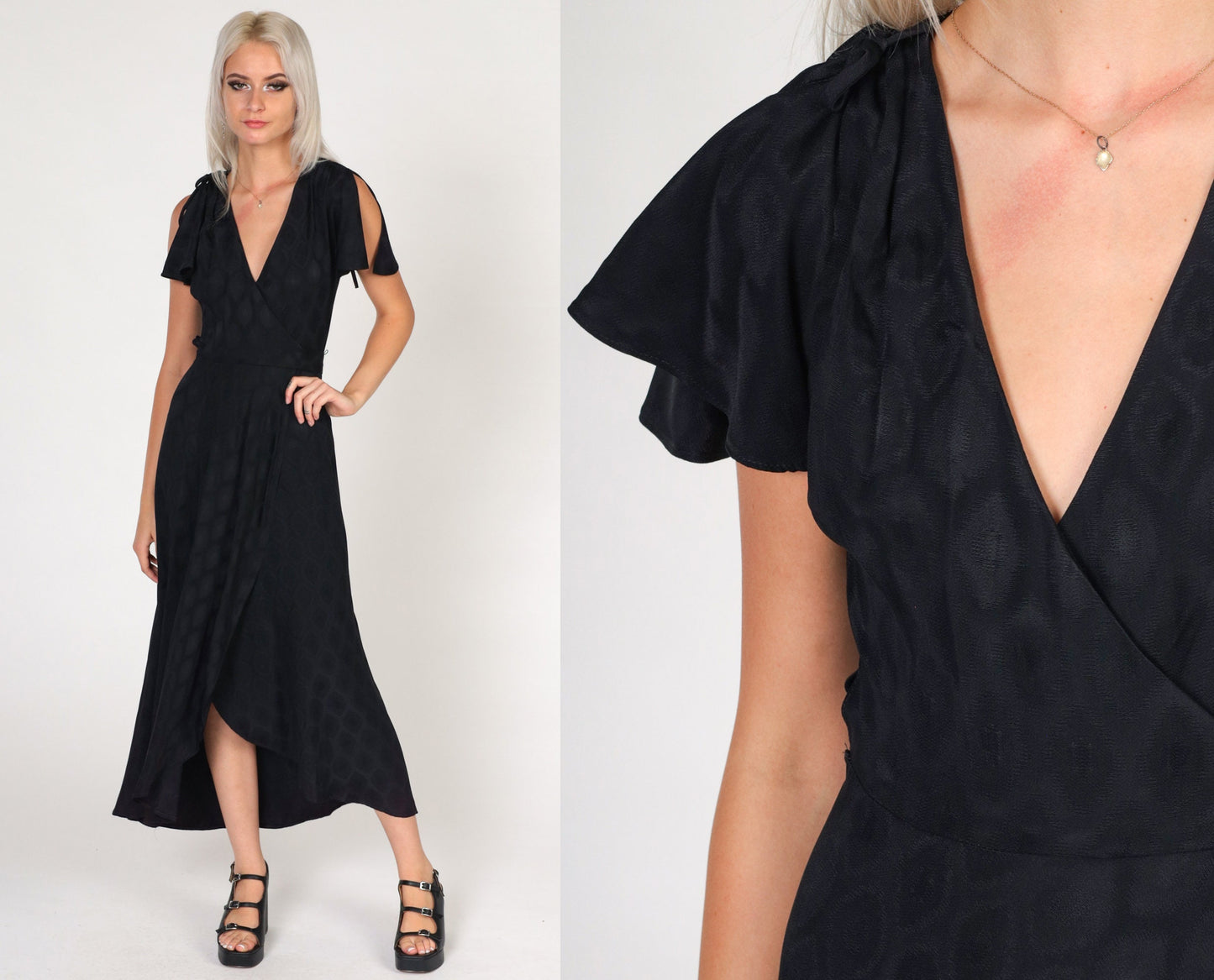 70s Black Grecian Maxi Dress Flutter Sleeve Wrap Deep V Embossed Geometric Extra Small