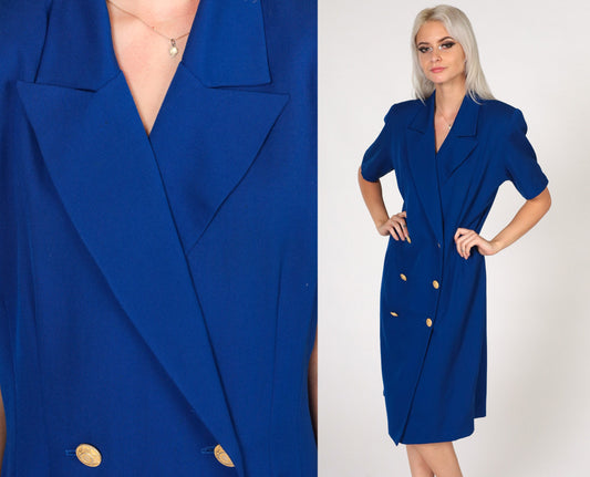 80s Royal Blue Double Breasted Button Up Midi Dress Gold Trim Medium 10