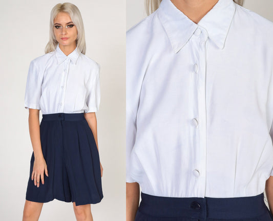 80s Navy White Collared Romper High Waist Button Front Pockets Small