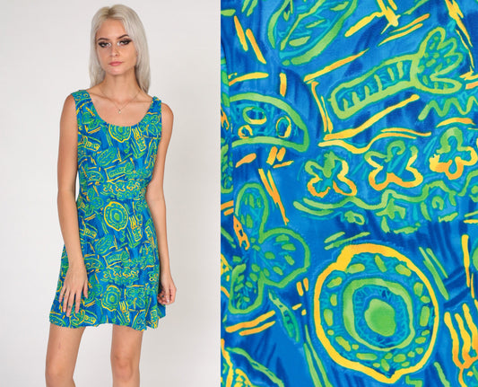 90s Big Hed Designs Tropical Mini Dress Abstract Palm Print Blue Green Small